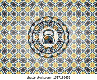 kettlebell icon inside arabesque style emblem. arabic decoration.