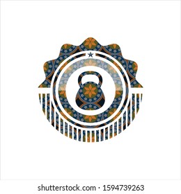 kettlebell icon inside arabesque style emblem. arabic decoration.
