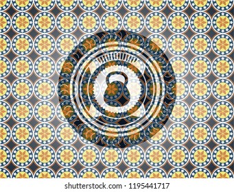kettlebell icon inside arabic badge background. Arabesque decoration.