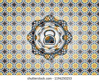 kettlebell icon inside arabic badge. Arabesque decoration.
