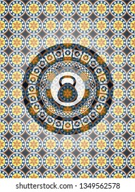 kettlebell icon inside arabic badge. Arabesque decoration.