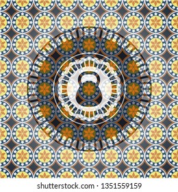 kettlebell icon inside arabic badge. Arabesque decoration.