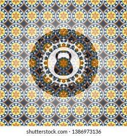 kettlebell icon inside arabic badge background. Arabesque decoration.