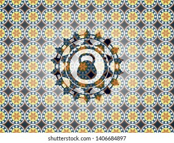 kettlebell icon inside arabic badge. Arabesque decoration.