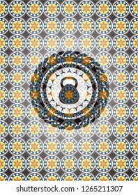 kettlebell icon inside arabic emblem. Arabesque decoration.