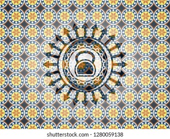 kettlebell icon inside arabic emblem background. Arabesque decoration.