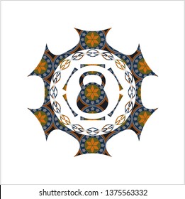 kettlebell icon inside arabic emblem. Arabesque decoration.