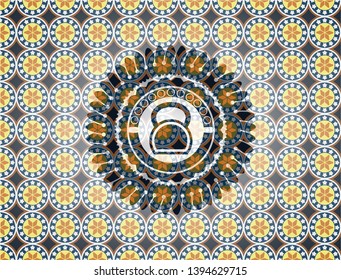 kettlebell icon inside arabic emblem background. Arabesque decoration.