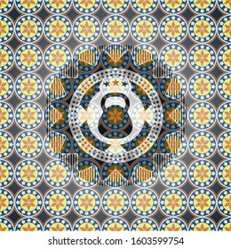 kettlebell icon inside arabic emblem background. Arabesque decoration.