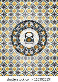 kettlebell icon inside arabic style badge. Arabesque decoration.