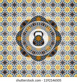 kettlebell icon inside arabic style emblem. Arabesque decoration.