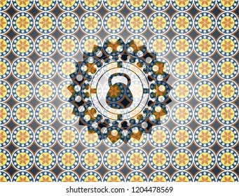 kettlebell icon inside arabic style emblem. Arabesque decoration.
