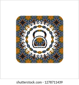 kettlebell icon inside arabic style badge. Arabesque decoration.