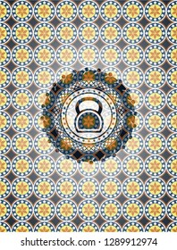 kettlebell icon inside arabic style emblem. Arabesque decoration.