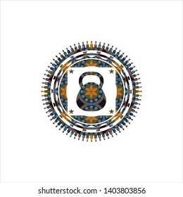 kettlebell icon inside arabic style badge. Arabesque decoration.