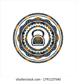 kettlebell icon inside arabic style badge. Arabesque decoration. 