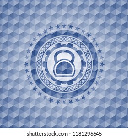 kettlebell icon inside blue badge with geometric pattern background.