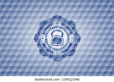 kettlebell icon inside blue badge with geometric pattern background.