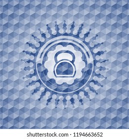 kettlebell icon inside blue badge with geometric background.