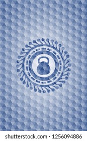 kettlebell icon inside blue badge with geometric background.