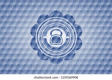 kettlebell icon inside blue badge with geometric pattern.