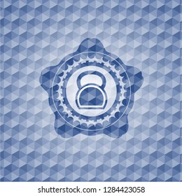 kettlebell icon inside blue badge with geometric pattern background.