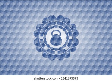 kettlebell icon inside blue badge with geometric pattern background.