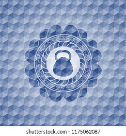 kettlebell icon inside blue emblem or badge with abstract geometric polygonal pattern background.