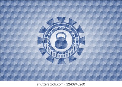 kettlebell icon inside blue emblem with geometric pattern.