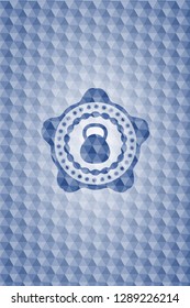 kettlebell icon inside blue emblem or badge with geometric pattern background.