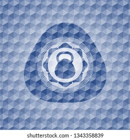 kettlebell icon inside blue emblem or badge with abstract geometric pattern background.