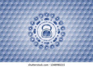 kettlebell icon inside blue emblem with geometric pattern.