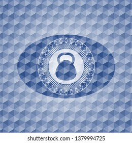 kettlebell icon inside blue emblem with geometric pattern background.