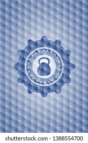 kettlebell icon inside blue emblem with geometric background.