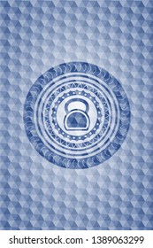 kettlebell icon inside blue emblem with geometric pattern background.