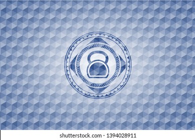 kettlebell icon inside blue emblem with geometric pattern background.