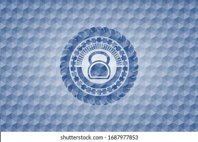 kettlebell icon inside blue emblem or badge with abstract geometric pattern background.