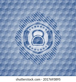 kettlebell icon inside blue emblem or badge with abstract geometric pattern background. 