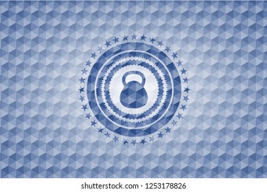 kettlebell icon inside blue hexagon badge.