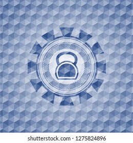 kettlebell icon inside blue hexagon emblem.