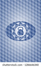 kettlebell icon inside blue hexagon badge.