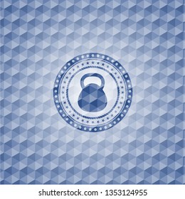 kettlebell icon inside blue hexagon emblem.