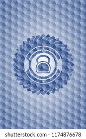 kettlebell icon inside blue polygonal emblem.