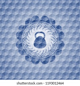 kettlebell icon inside blue polygonal emblem.