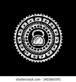 kettlebell icon inside chalkboard emblem on black board