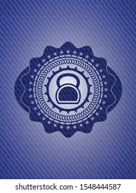 kettlebell icon inside emblem with denim high quality background