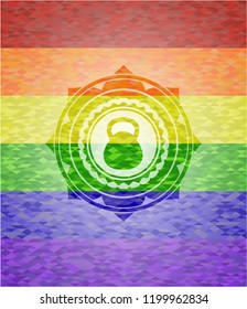 kettlebell icon inside emblem on mosaic background with the colors of the LGBT flag