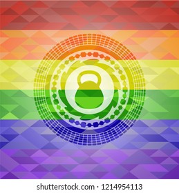 kettlebell icon inside emblem on mosaic background with the colors of the LGBT flag