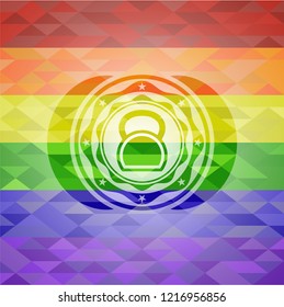 kettlebell icon inside emblem on mosaic background with the colors of the LGBT flag