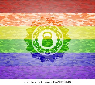 kettlebell icon inside emblem on mosaic background with the colors of the LGBT flag